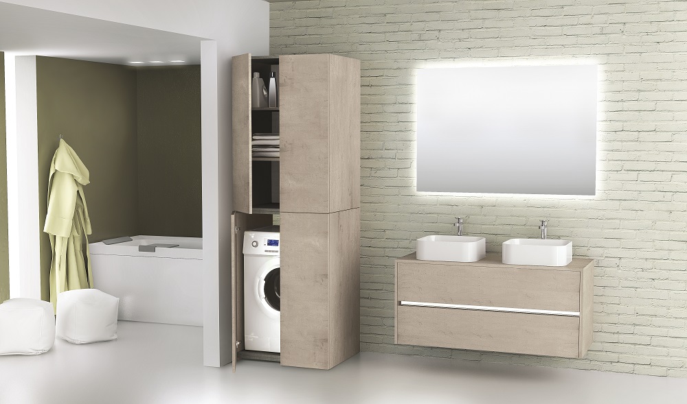 Novellini badkamermeubel Slot met bijpassende wasmachinekast Space met extra opbergruimte #badkamer #badkamerideeën