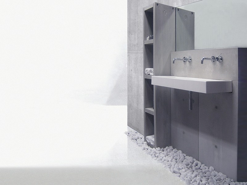 Badkamer met betonlook. Wastafel met betonlook module met ruimte voor leidingen en wandpanelen beton. ConcreetDesign