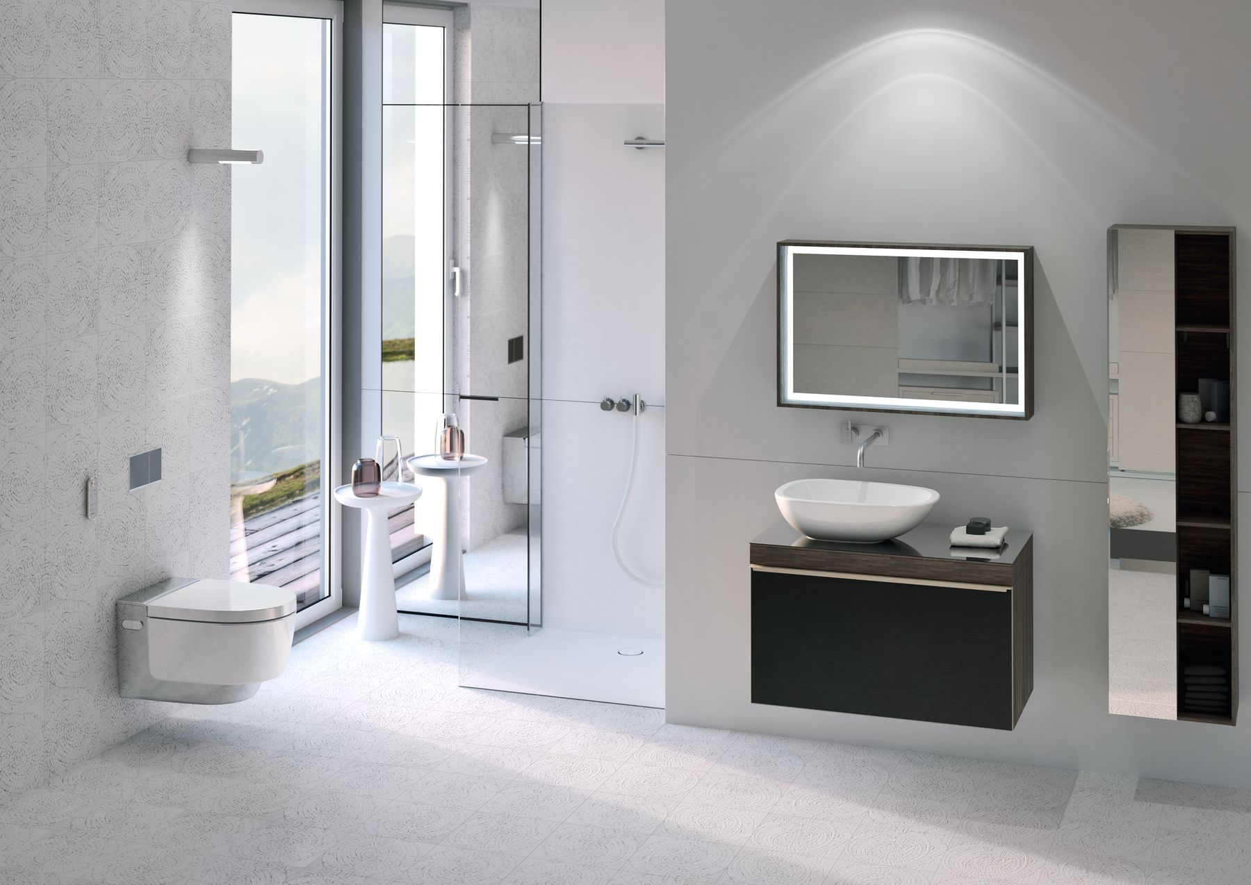 Badkamer met toilet Aquaclean Mera Classic douchewc met een uiterst effectieve, geluidsarme luchtzuivering, een intelligente warmeluchtföhn en een gebruiksvriendelijke afstandsbediening, waarmee je de verschillende functies intuïtief en naar eigen voorkeur kunt bedienen.